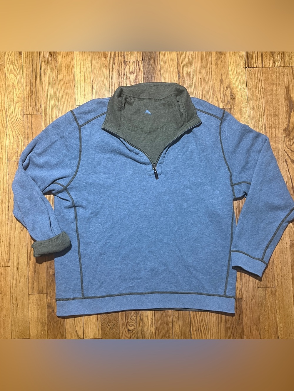 Tommy Bahama Men L Regular Reversible Solid Knit 1/4 Zip Mock Neck Logo Fishing